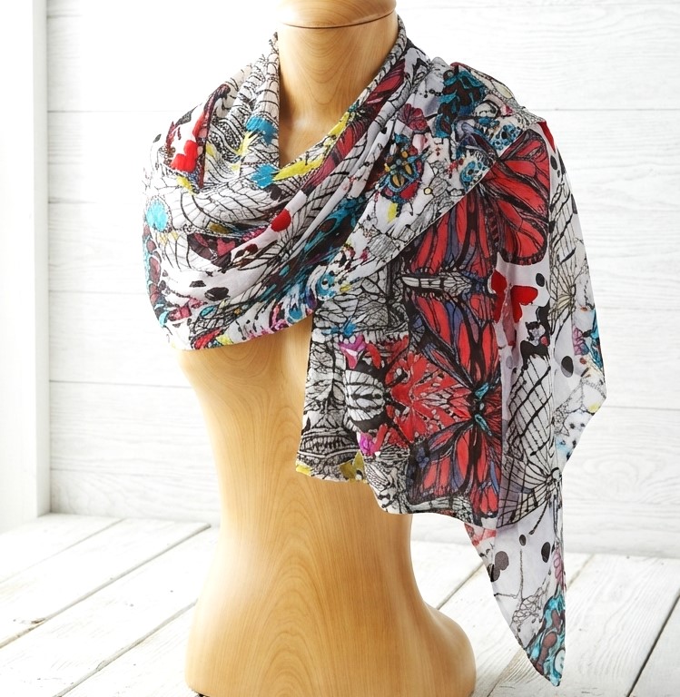 Scarf Wrap Butterfly & Graffiti Art Pattern - Color: Coral