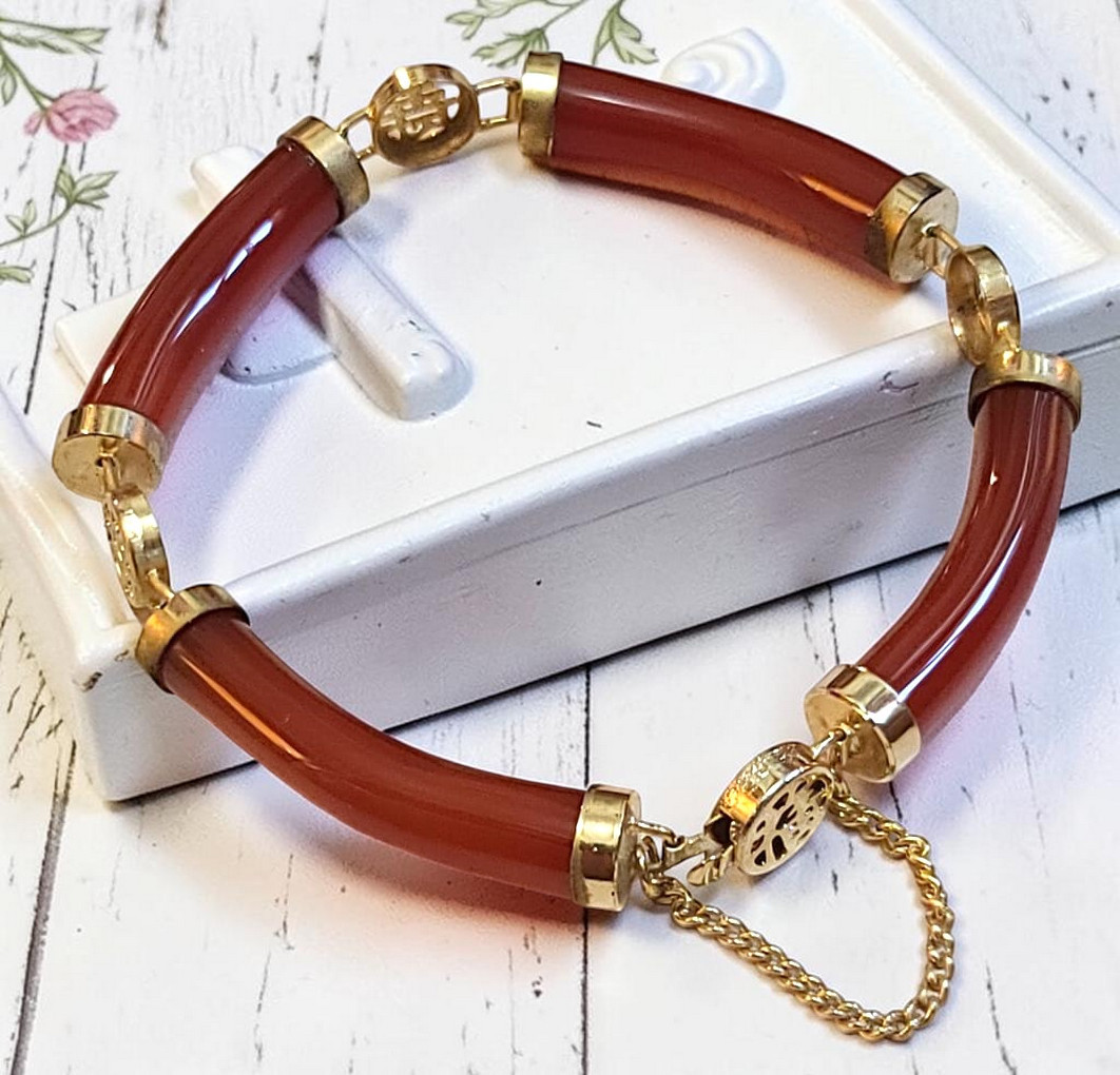 Red jade bacelet, link style vintage bracelet with safety chain