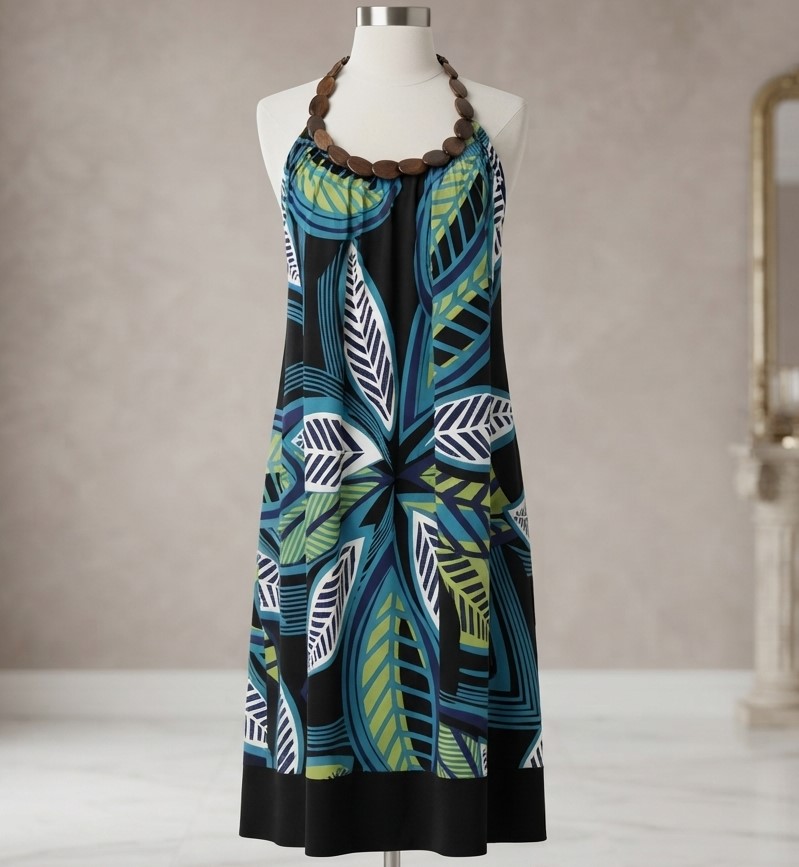 Apt. 9 Tropical Leaf Pattern Wood Neckline Halter Dress NWT