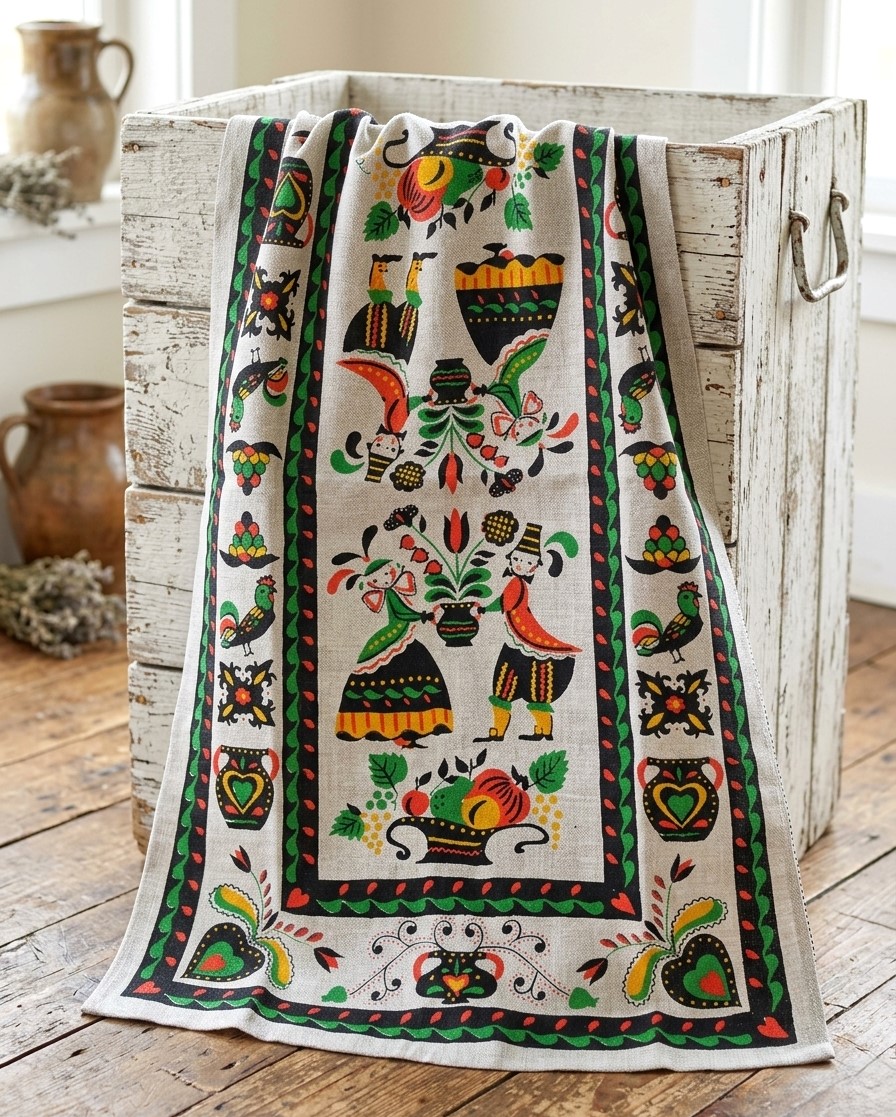 Vintage Linen Tea Towel German Folk Art Figures