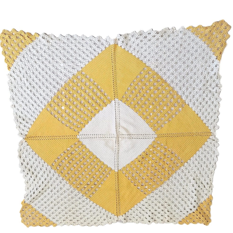 Handmade Crochet Tablecloth/Large Doily - Sunny Yellow & White - Click Image to Close