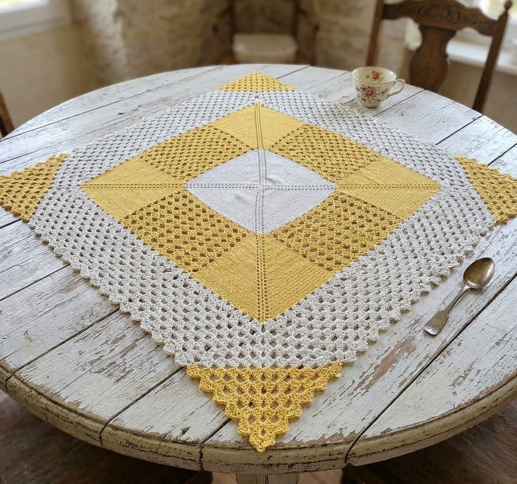 Handmade Crochet Tablecloth Rustic Farmhouse Decor Colors Sunny Yellow and White