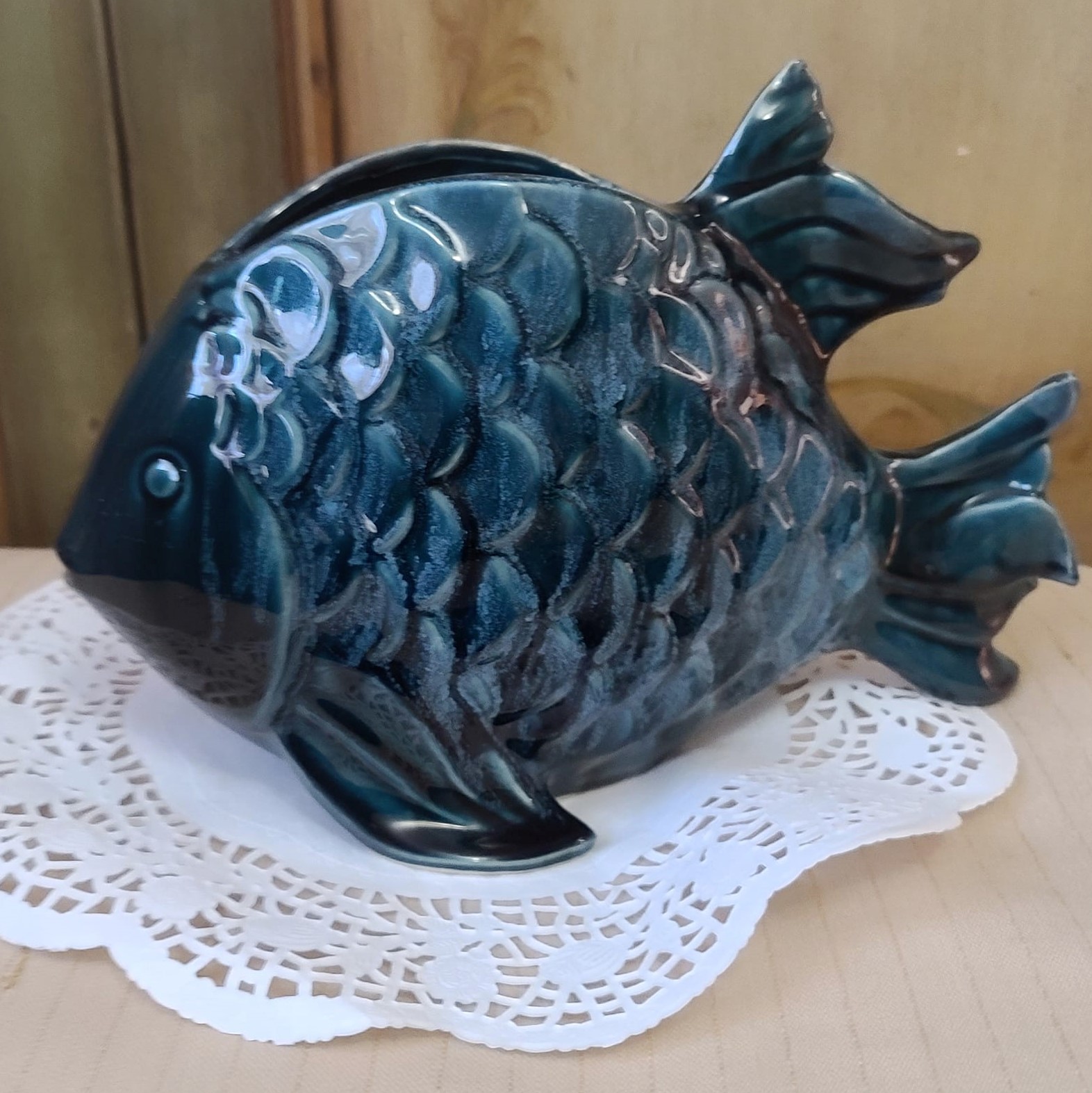 Glazed Ceramic Blue/Green Fish Vintage Planter