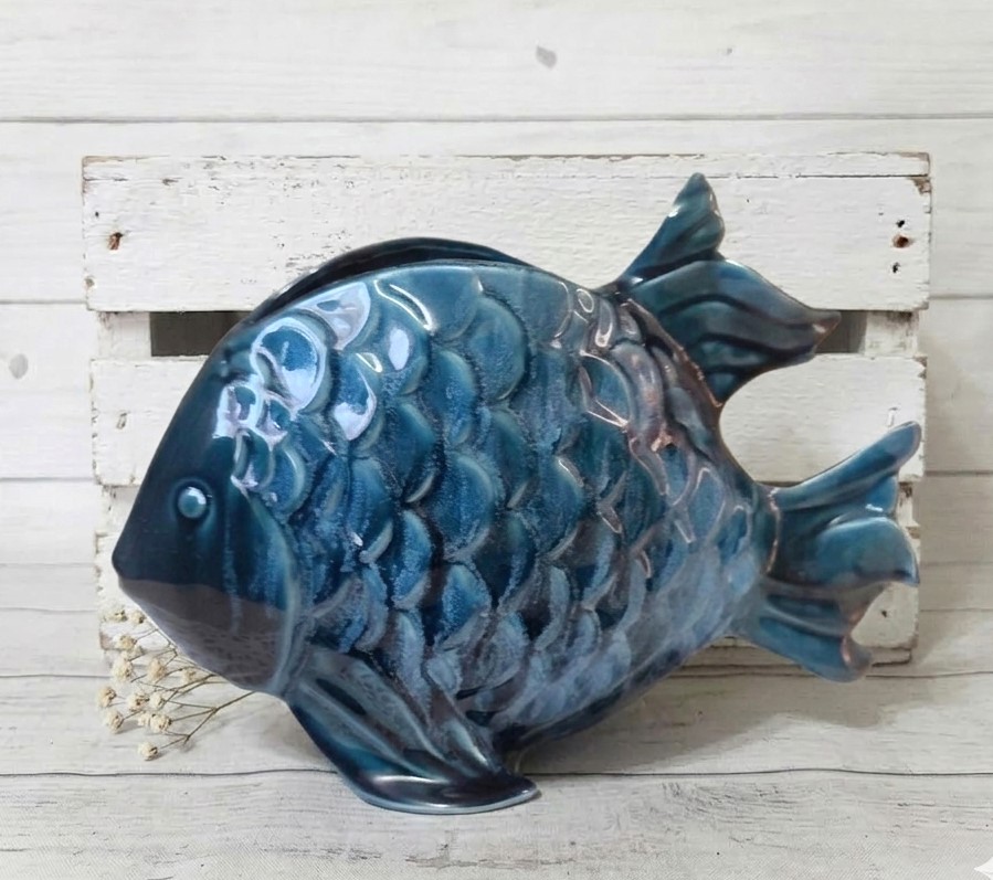 Blue Glazed Ceramic Fish Planter or Vase