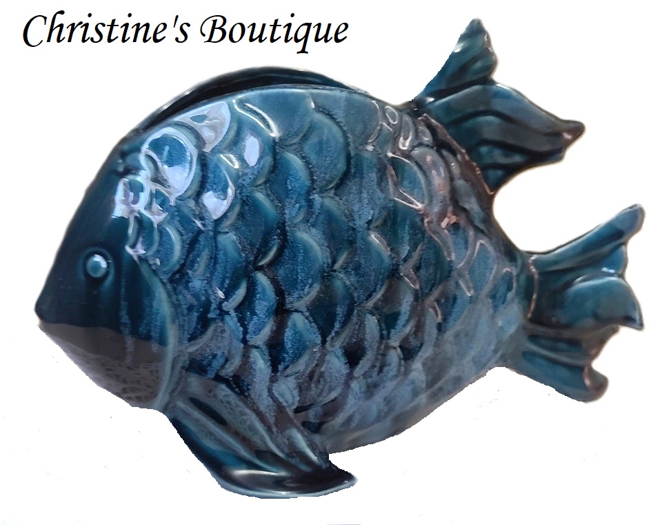 Glazed ceramic blue fish planter, aquatic decor, planter, fish decor