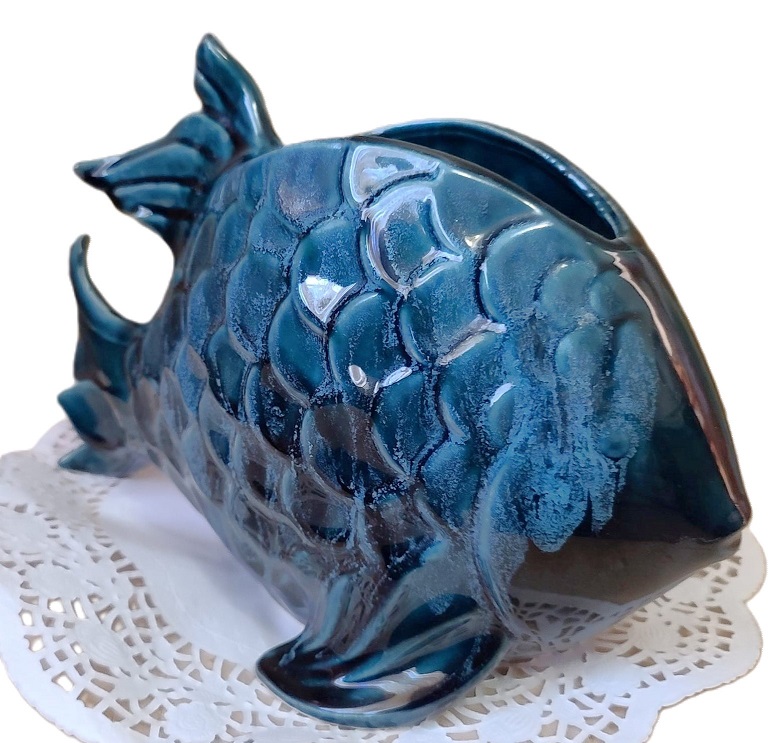 Glazed ceramic blue fish planter, aquatic decor, planter, fish decor