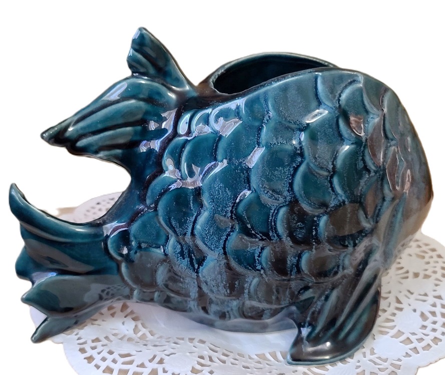 Glazed ceramic blue fish planter, aquatic decor, planter, fish decor