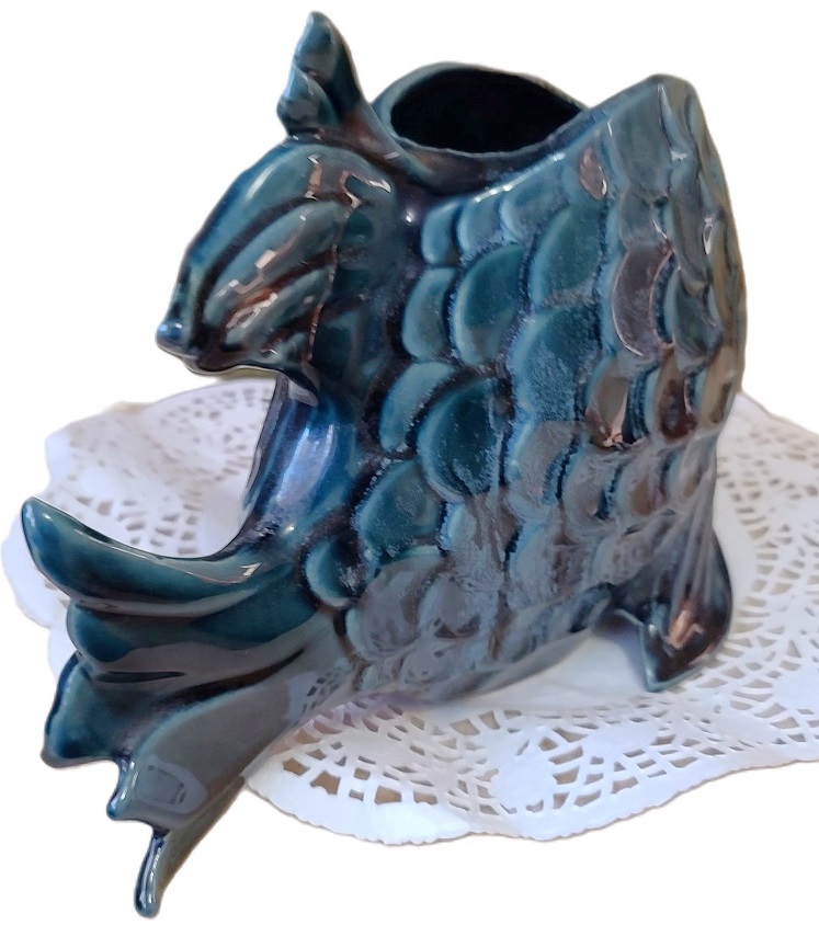 Glazed ceramic blue fish planter, aquatic decor, planter, fish decor