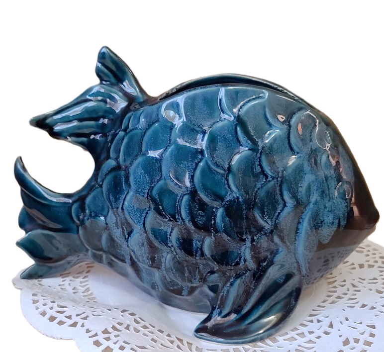 Glazed ceramic blue fish planter, aquatic decor, planter, fish decor