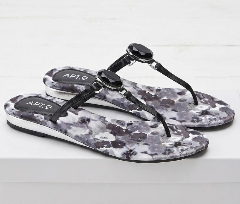 APT. 9 Jeweled Black/Gray Floral Pattern Flip Flop Sandals