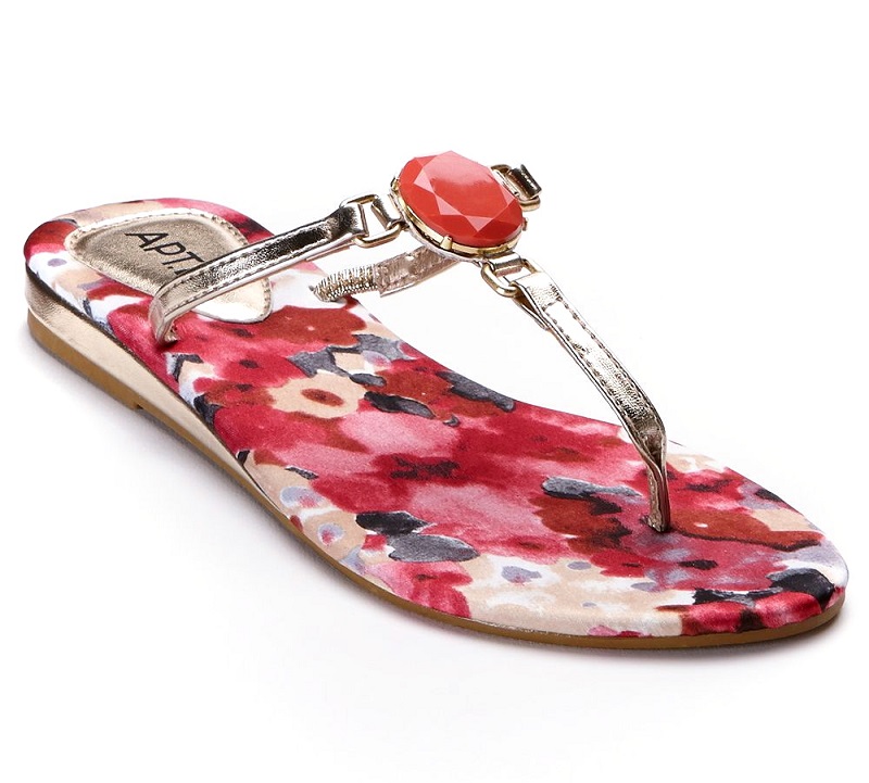 APT. 9 Jeweled Red & Coral Floral Pattern Flip Flop Sandals - Click Image to Close