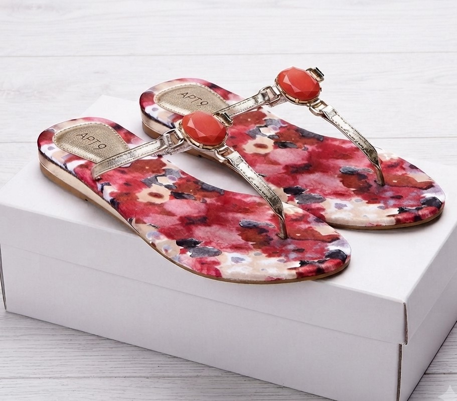 APT. 9 Jeweled Red & Coral Floral Pattern Flip Flop Sandals