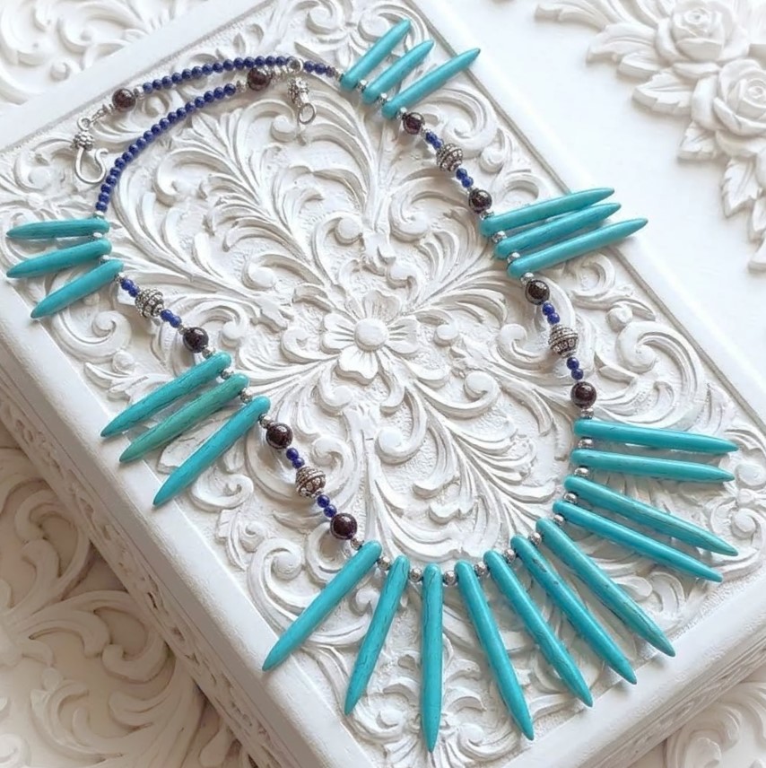 Turquoise, lapis and amber gemstone spike necklace, handcrafted
