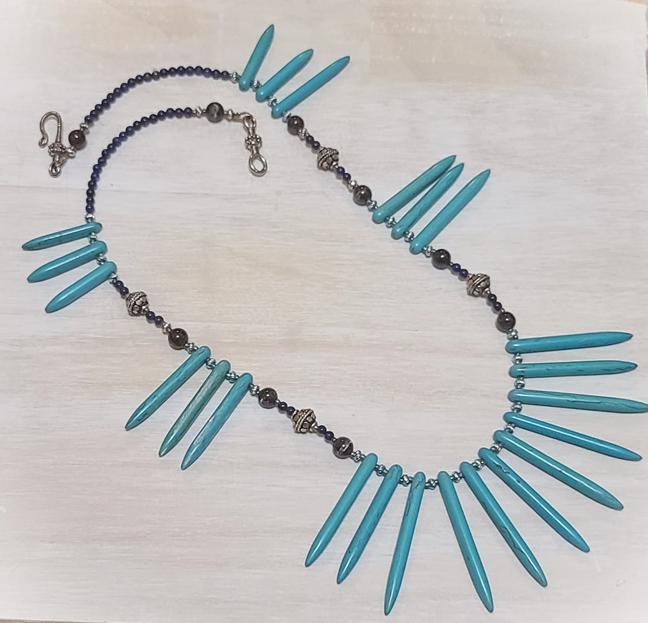 Turquoise, lapis and amber gemstone spike necklace, handcrafted
