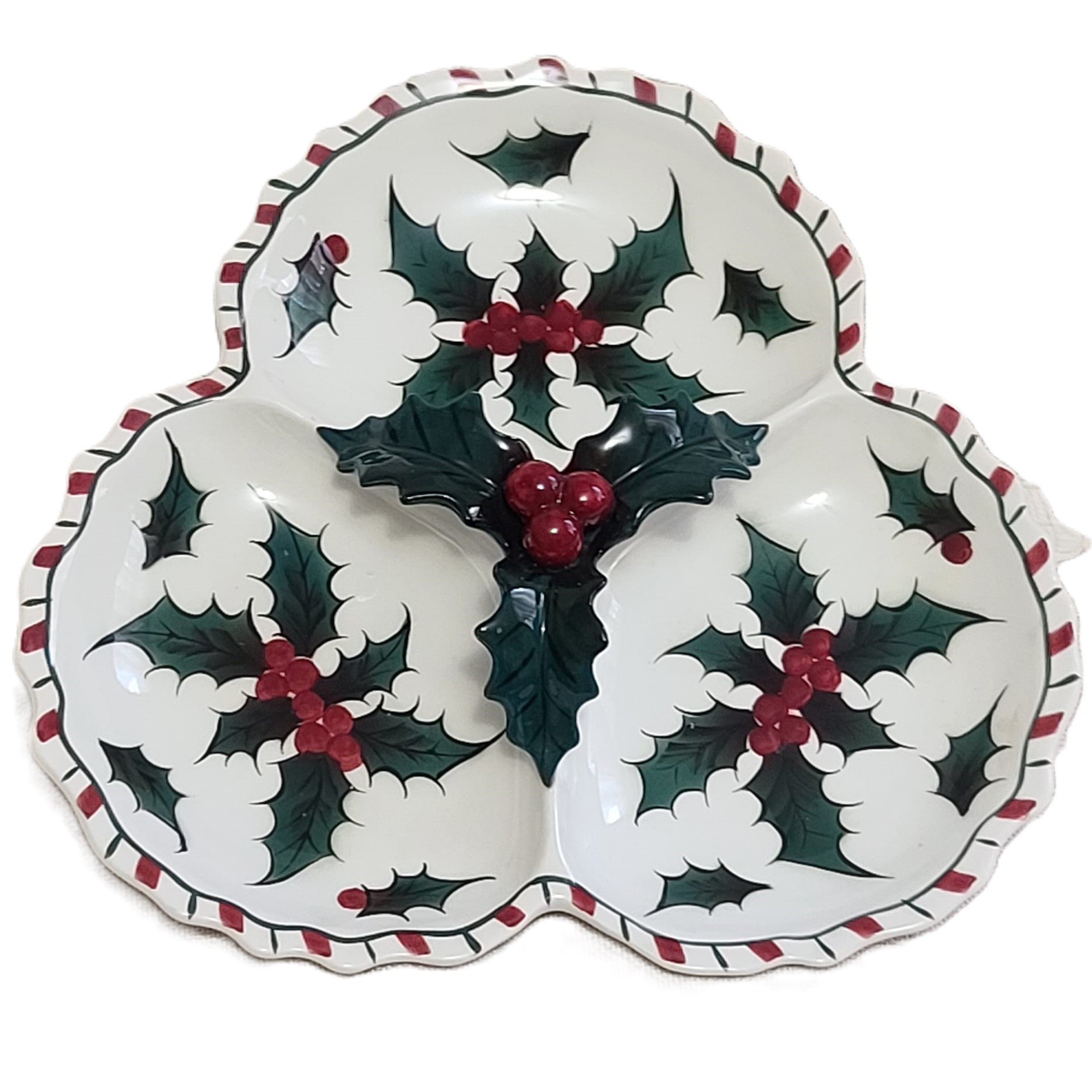 Hand Painted Christmas Holly Leaf 3-Section Candy/Relish Dish - Click Image to Close