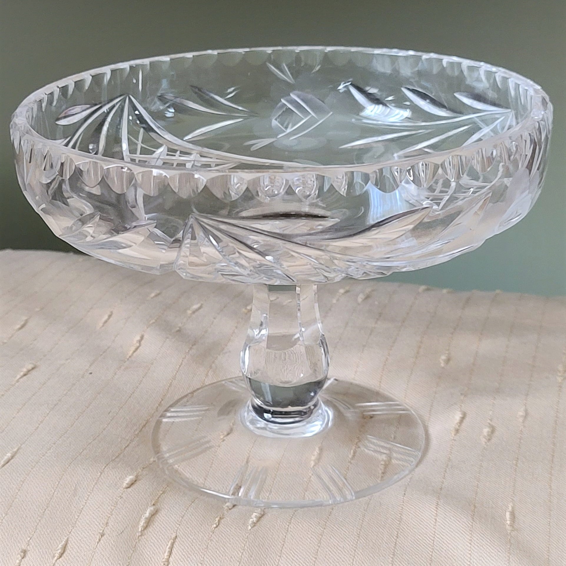 Etched Lead Crystal Open Pedestal Candy Dish - Click Image to Close