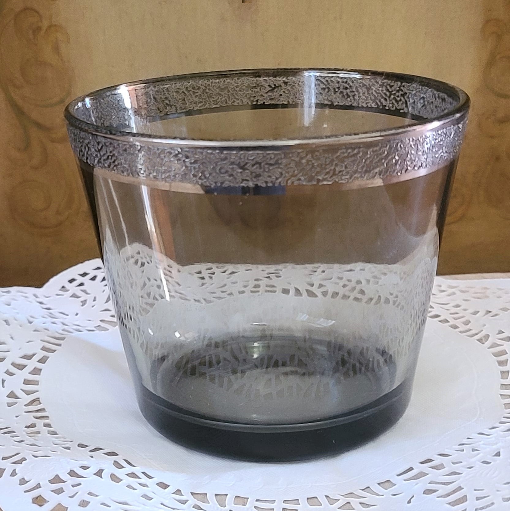 Smokey Gray Glass with Designed Riim Vintage Ice Bucket