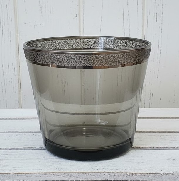 Smokey Gray Glass with Designed Riim Vintage Ice Bucket