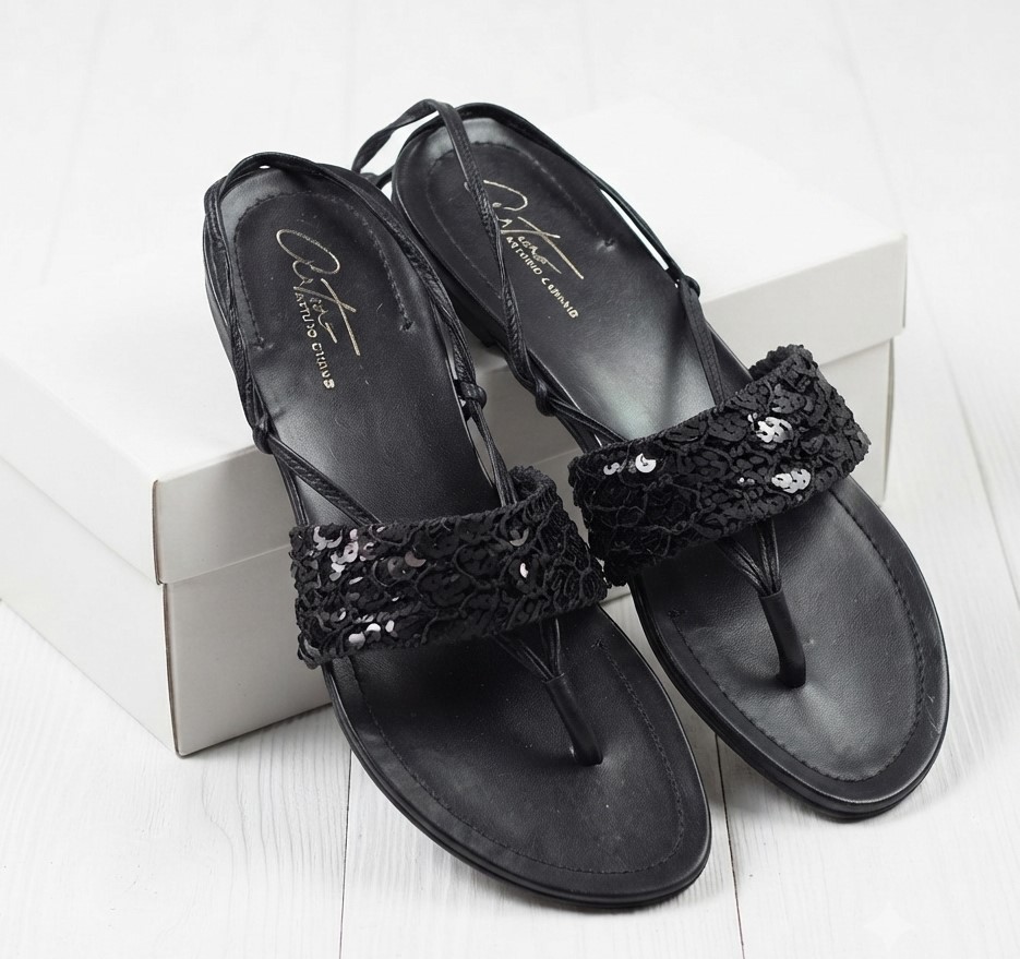 Arturo Chiang Sequins & Black Leather Gladiator Lace-Up Sandals