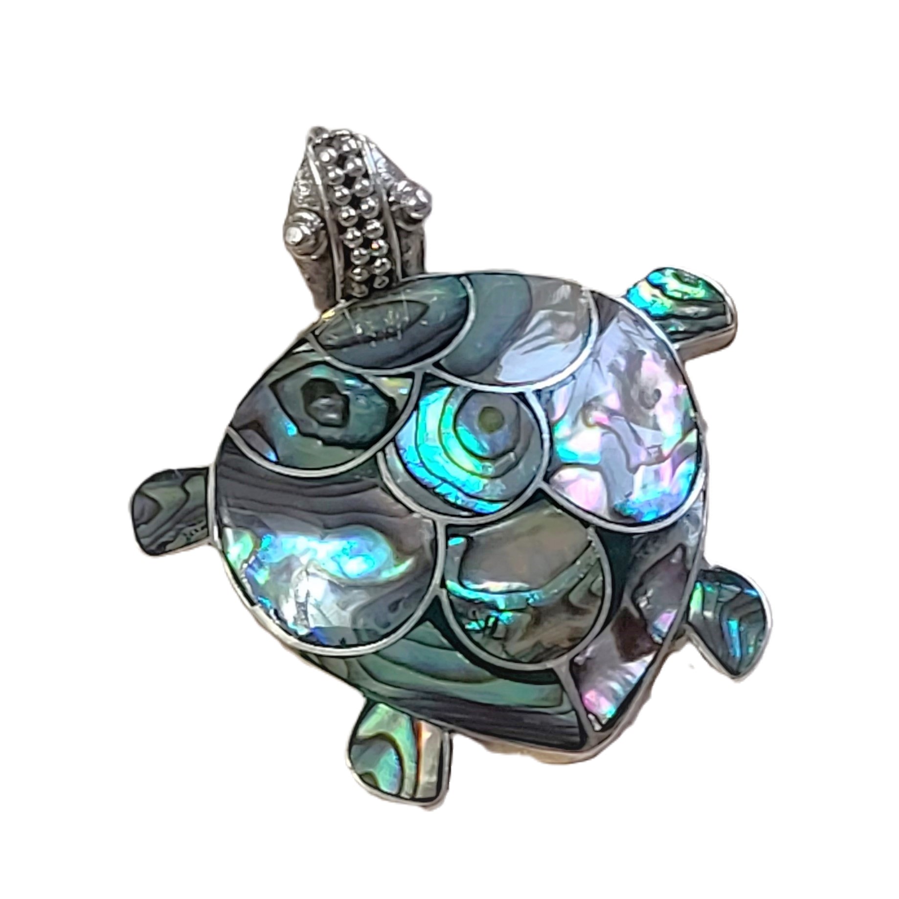 Paua Shell & 925 Sterling Silver Turtle Pendant/Pin - Click Image to Close