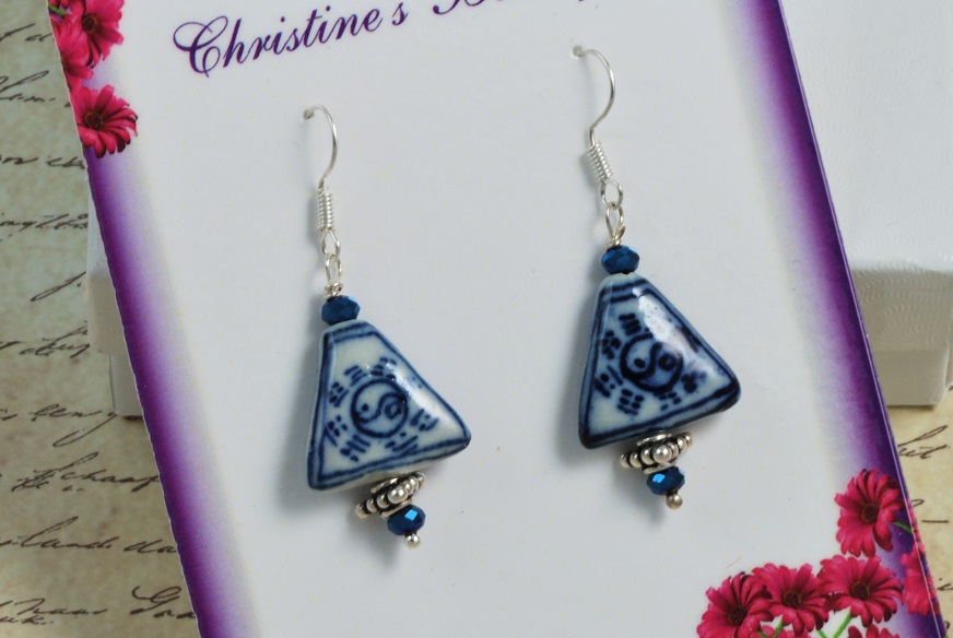Blue Asian Ceramics & Czech Crystal Dangle Earrings 925 Silver