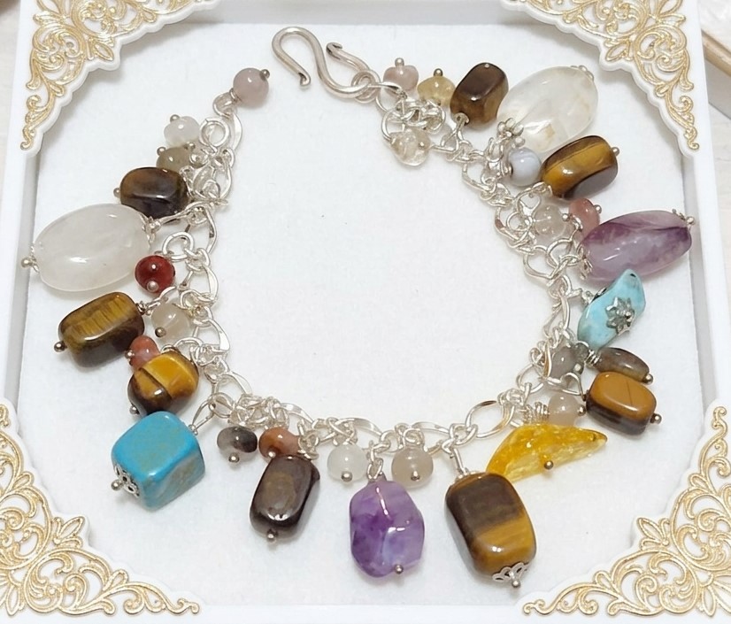 Amber, Tiger Eye, Amethyst &, Quartz Gemstone Charm Bracelet