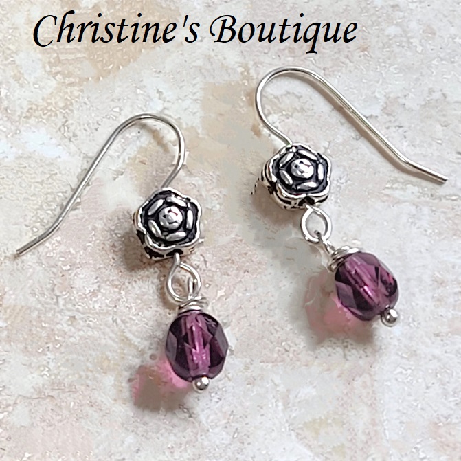 Bali Silver earrings handcrafted, with purple czech glass crystal