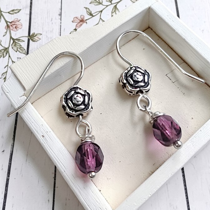 Purple glass and silver earrings