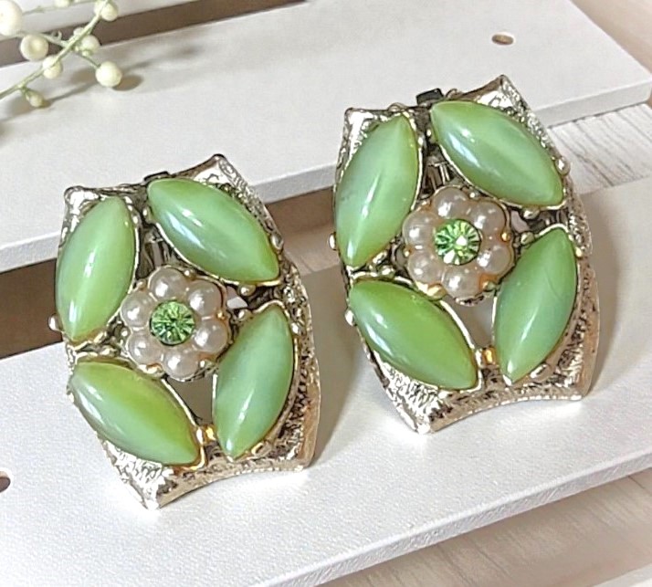 Green Moonglow earrings, vintage clip ons with rhinestones and pearls
