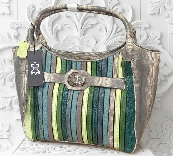M.C. Marc Chantal Croc Embossed Genuine Leather Tote w/Stripes