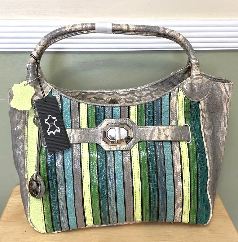 M.C. Marc Chantal Croco Embossed Genuine Leather Tote w/Stripes - Click Image to Close