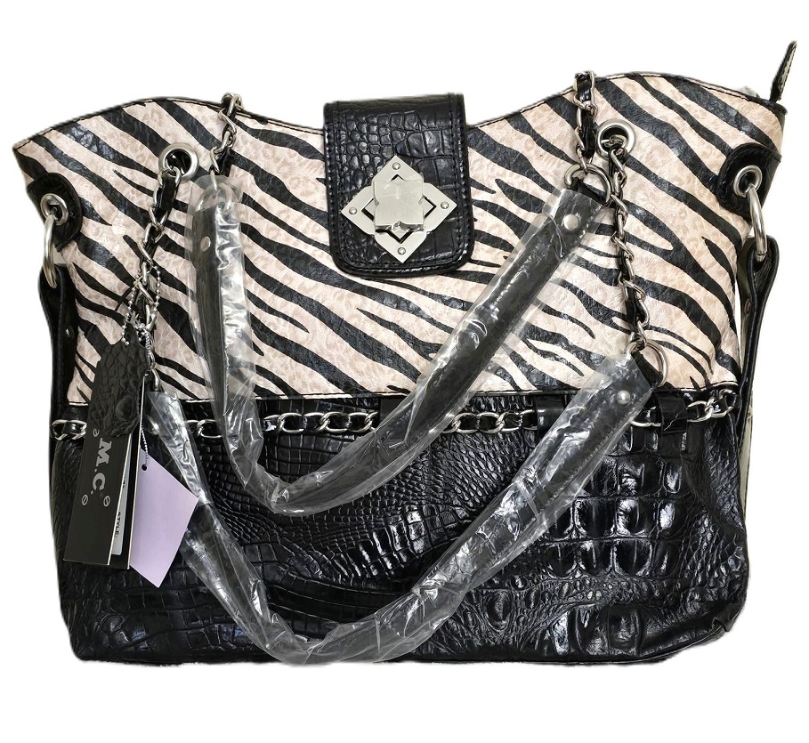 M.C. Marc Chantal Croco Embossed Genuine Leather Tote - Zebra print tote style bag, chain handles - Click Image to Close