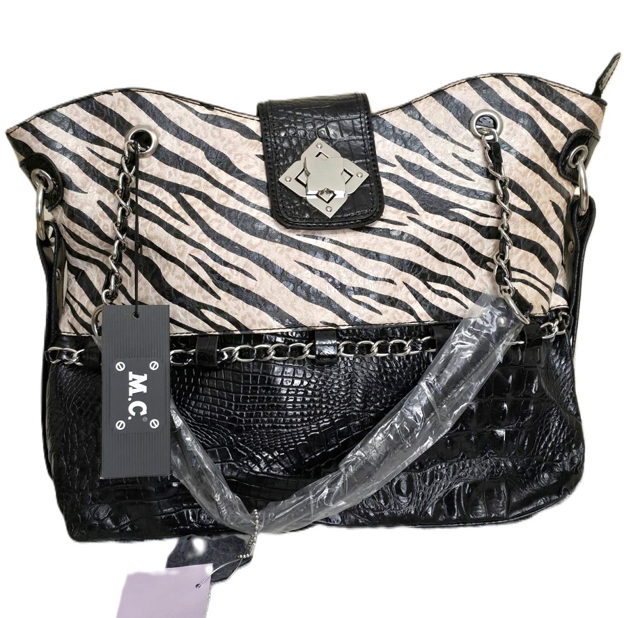 M.C. Marc Chantal Croco Embossed Genuine Leather Tote - Zebra print tote style bag, chain handles
