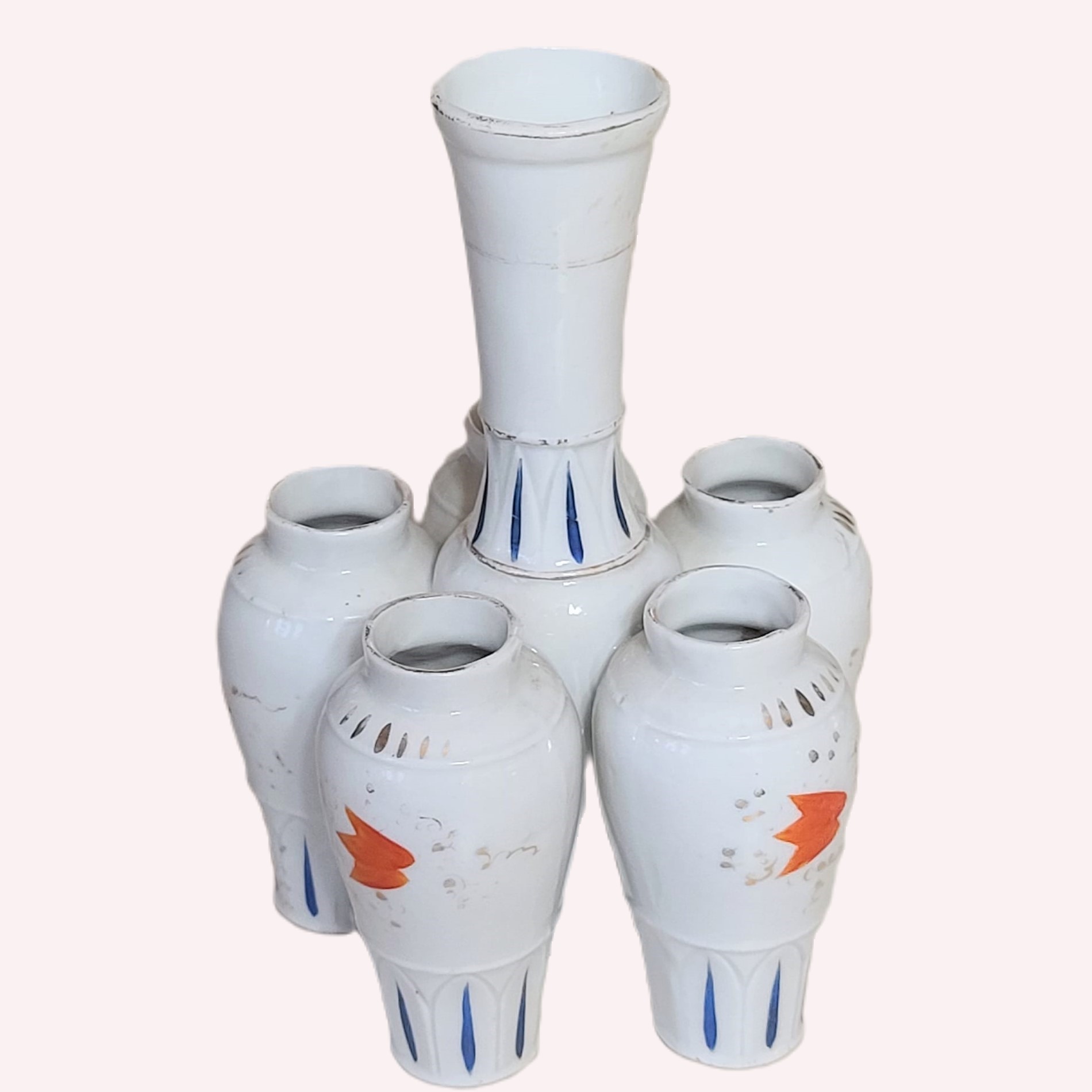 Handpainted Porcelain 6 Hole Stem Vintage Vase - Click Image to Close