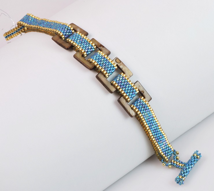 Aqua Blue & Gold with Shell Link Peyote Stitch Bracelet