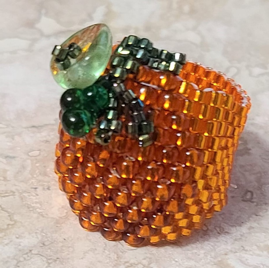 Handcrafted Peyote Stitch Glass Pumpkin & Leaf Ring size 8