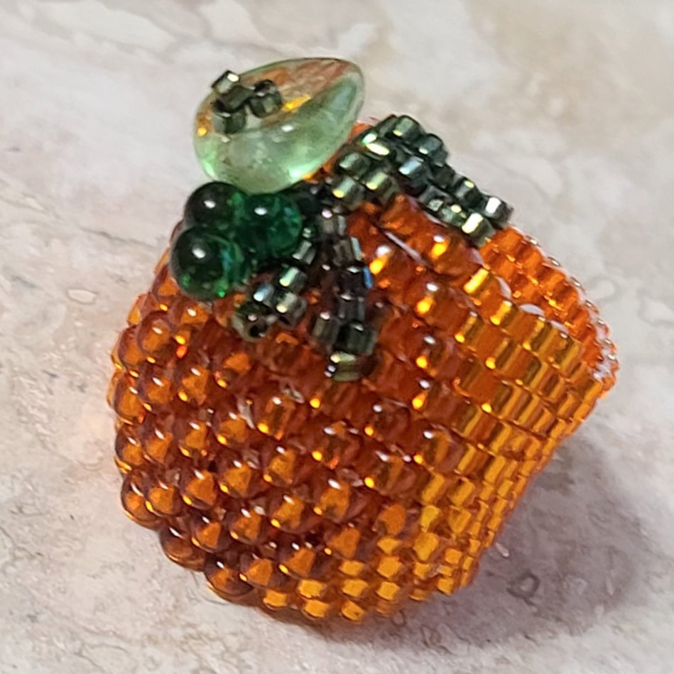 Handcrafted Peyote Stitch Glass Pumpkin & Leaf Ring size 8