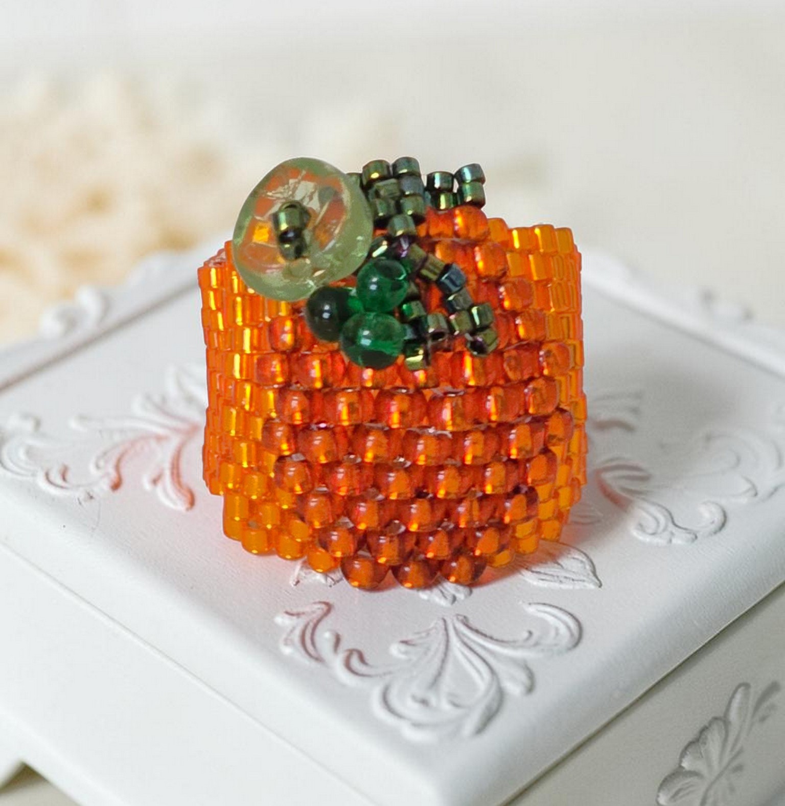 Handcrafted Peyote Stitch Glass Pumpkin & Leaf Ring size 8