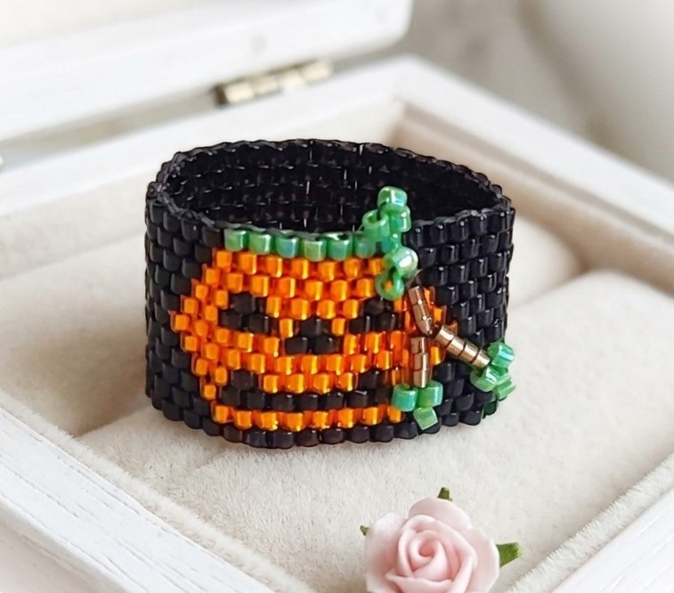 Handcrafted Peyote Stitch Glass Pumpkin Ring