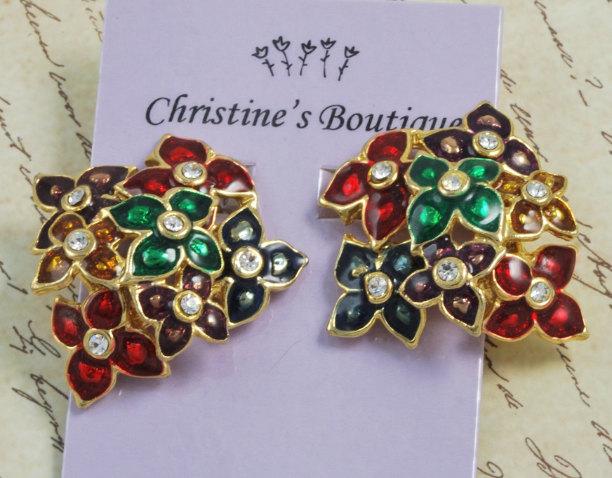 Enamel and Rhinestone Flower Cluster Earrings