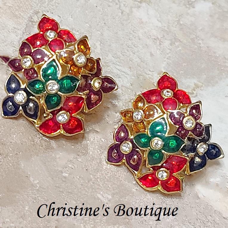 Enamel and Rhinestone Flower Cluster Earrings