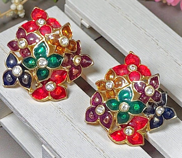 Enamel and Rhinestone Flower Cluster Earrings