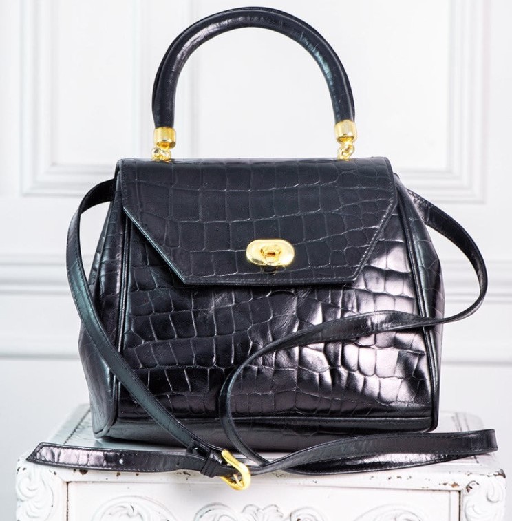 Accessory Lady Vintage Black Alligator Print Embossed Handbag