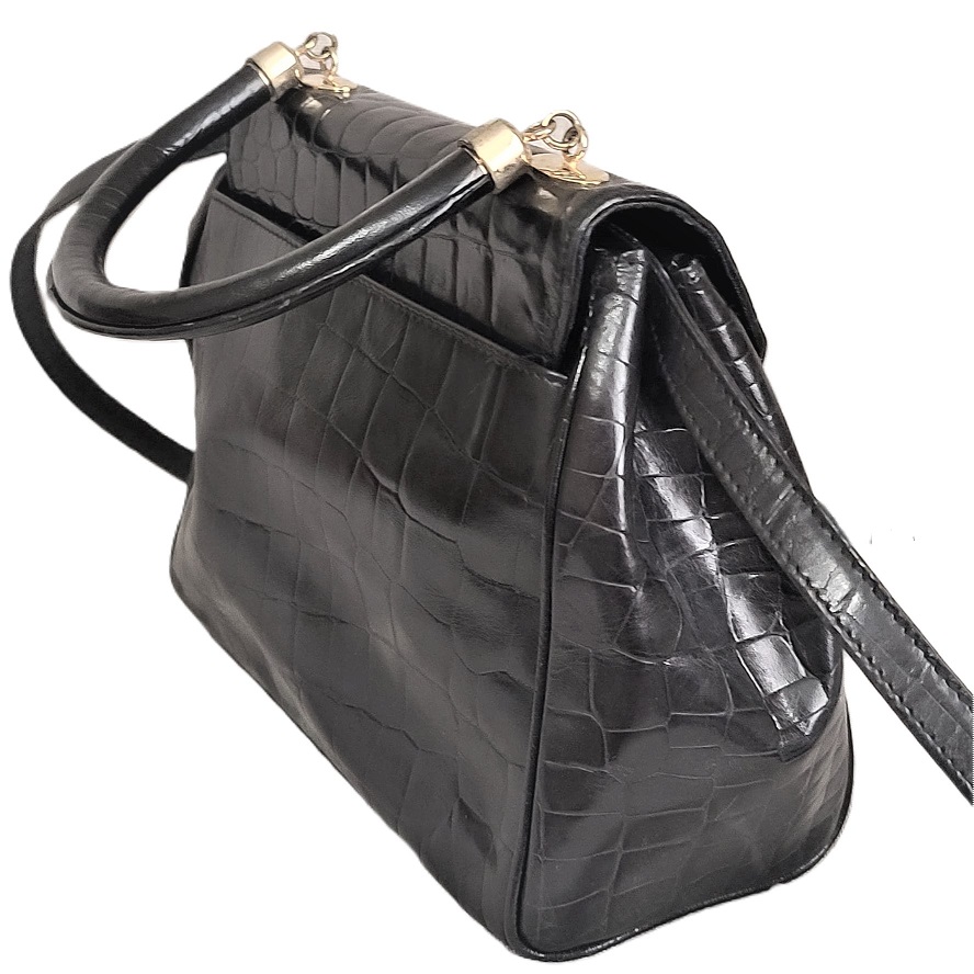 Accessory Lady Vintage Black Alligator Print Embossed Handbag