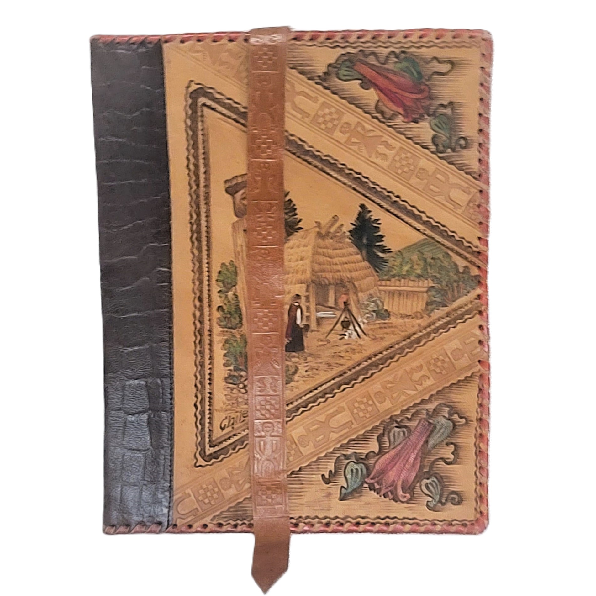 Tooled & Handpainted Leather Book Cover Jacket Signed Chili - Click Image to Close