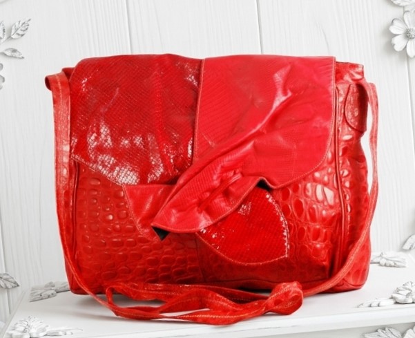 Red Leather Vintage Purse with Reptile Texture