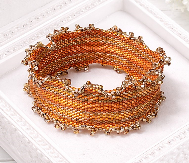 Orange Ribbon Peyote Stitch Glass Bangle Bracelet w/Ruffle Edge