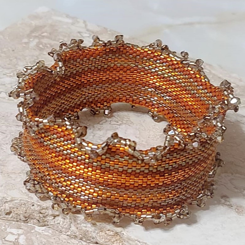 Orange Ribbon Peyote Stitch Glass Bangle Bracelet w/Ruffle Edge - Click Image to Close