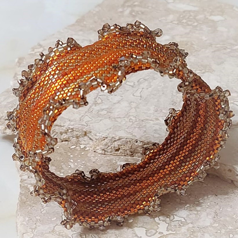 Orange Ribbon Peyote Stitch Glass Bangle Bracelet w/Ruffle Edge