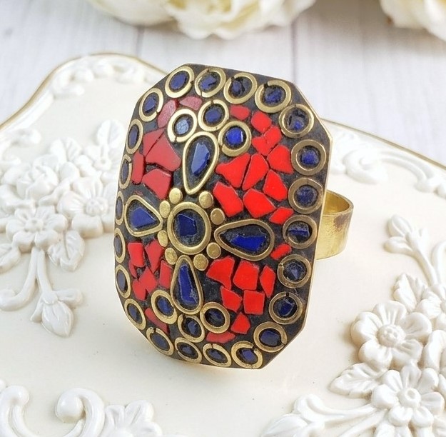Mosaic ring, turquoise, lapis and coral inlaid